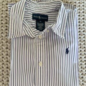 Ralph Lauren Kids Boys White and Purple/ Navy Button Up Striped Shirt Size 6T